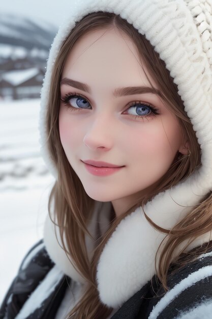 Ragazza con un cappotto bianco e occhi blu.