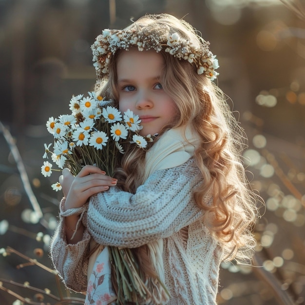 ragazza con un grande bouquet di fiori bianchi