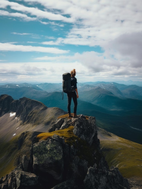 Ragazza con un grande zaino in piedi sull'alta roccia Turista che gode della bellezza del paesaggio montuoso della natura IA generativa