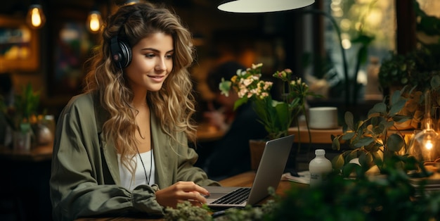 ragazza con un laptop in un caffè lavoro remoto AI generativa