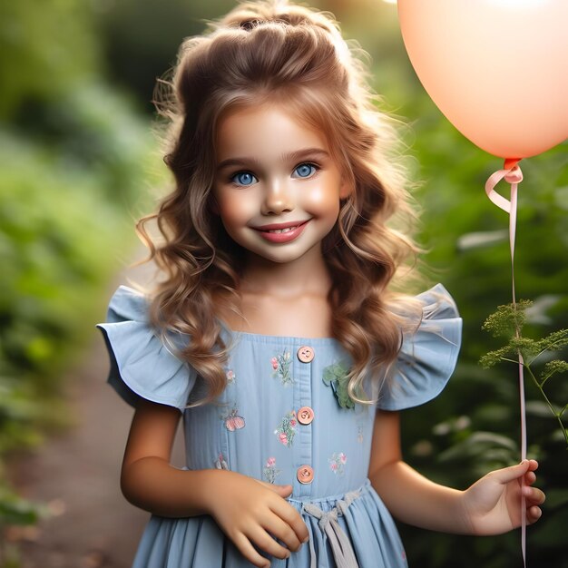 Ragazza con un palloncino blu in piedi su un sentiero circondato da vegetazione al crepuscolo