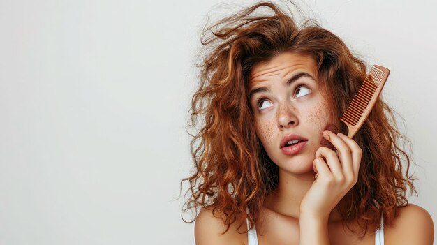 ragazza con un pettine e capelli problematici su sfondo bianco