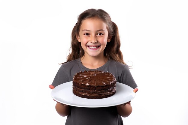 Ragazza con un piatto di cioccolato isolato su uno sfondo bianco