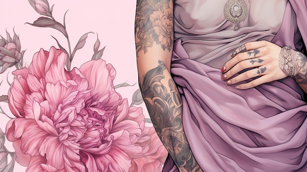 ragazza con un tatuaggio con un fiore rosa in mano con un posto per il tatuaggio Primo piano