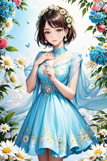 Ragazza con un vestito blu con dei fiori intorno