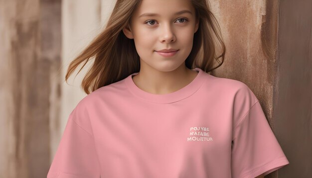 ragazza con una camicia rosa con una citazione del marchio del marchio