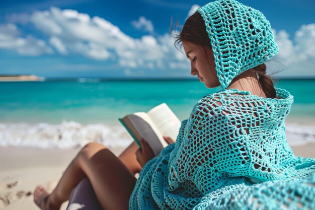 Ragazza con una copertura all'uncinato che legge un libro su un divano sulla spiaggia