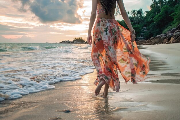 Ragazza con una gonna in stile bohémien che cammina sulla spiaggia di Phuket