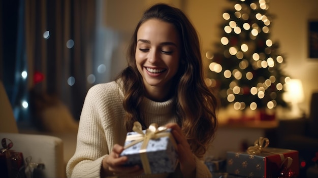 Ragazza con una scatola di regali la vigilia di Capodanno all'interno della casa