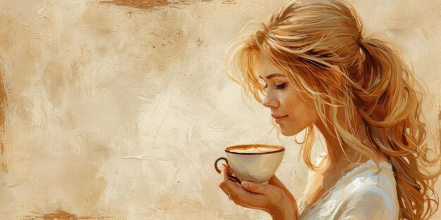 Ragazza con una tazza di caffè illustrata sullo sfondo del dipinto