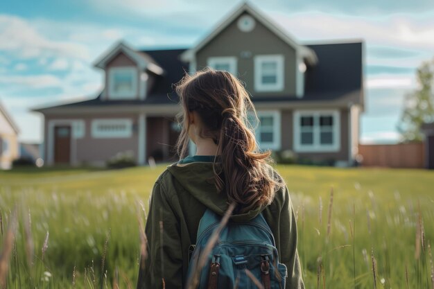 Ragazza con uno zaino nel campo vicino a New House