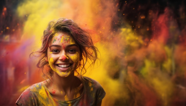 Ragazza con vernice Holi colorata sorridente felice Holi ispirato trucco e moda ritratti vibranti stile festivo