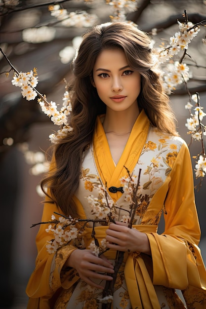 Ragazza coreana che indossa un hanbok indossa una bella donna che indossa il tradizionale hanbok coreano con fiori di ciliegio in primavera a Seoul Corea