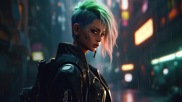 Ragazza cyberpunk con illustrazione dell'arte digitale dei capelli verde neon IA generativa