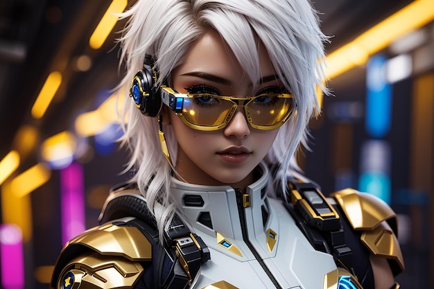 ragazza cyberpunk donna donna abito in oro bianco tecnologia futura