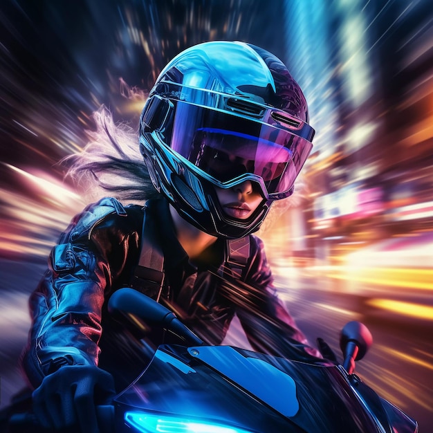 Ragazza cyberpunk in moto sfocata sullo sfondo della città al neon