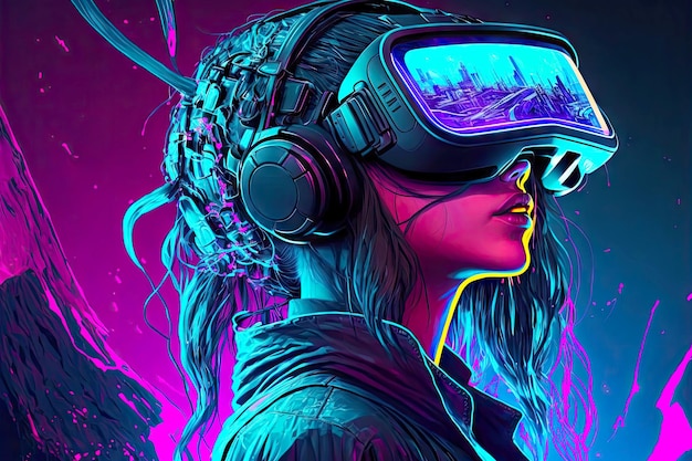 Ragazza cyberpunk neon world gles vr headset