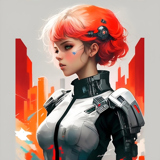 ragazza cyborg anime su immagini di sfondo di cyber city con ai generati