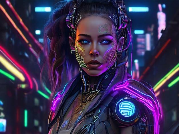 Ragazza cyborg Una bella ragazza cyberpunk si trova sullo sfondo della città notturna del futuro