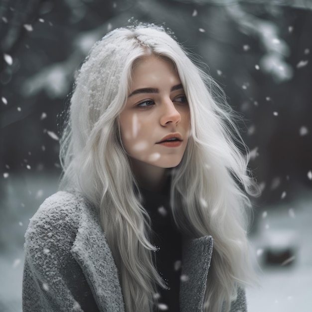 Ragazza dai capelli bianchi sotto la neve ai generativa