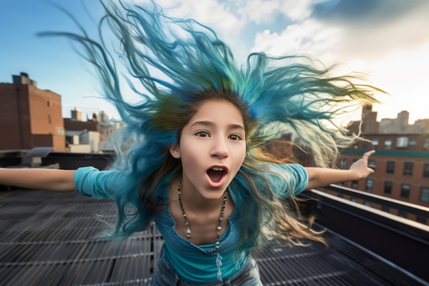 Ragazza dai capelli blu che balla Occhiolino femminile Genera Ai