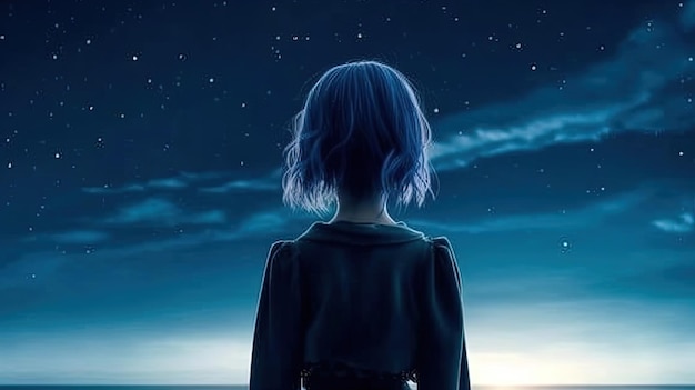 ragazza dai capelli blu di notte con la luna