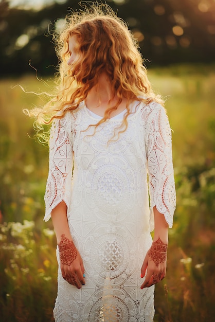 Ragazza dai capelli rossi con riccioli in abiti in stile boho con disegni mehendi sulle sue mani in un campo estivo.