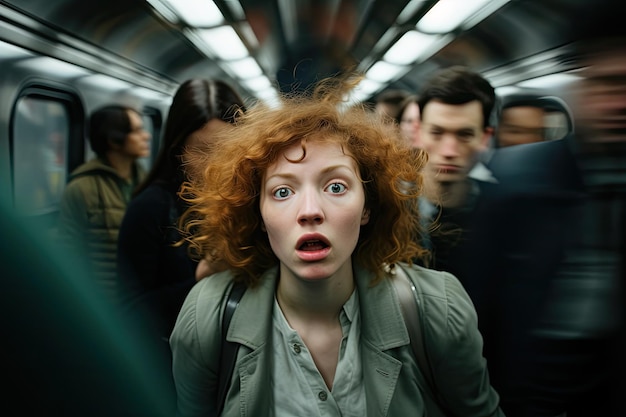 Ragazza dai capelli rossi scioccata in un vagone della metropolitana Giovane donna scioccata in un vagone della metropolitana persona con un traffico intenso in metropolitana nelle ore di punta che mostra il suo umore scombussolato e la sua impazienza Generato dall'intelligenza artificiale