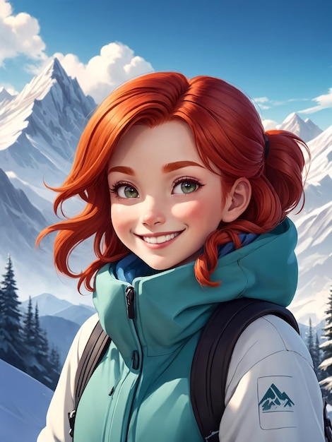 Ragazza dai capelli rossi sorridente illustrazione con montagne innevate sullo sfondo