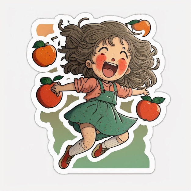 ragazza dei cartoni animati con mele e arance che volano nell'aria generativa ai