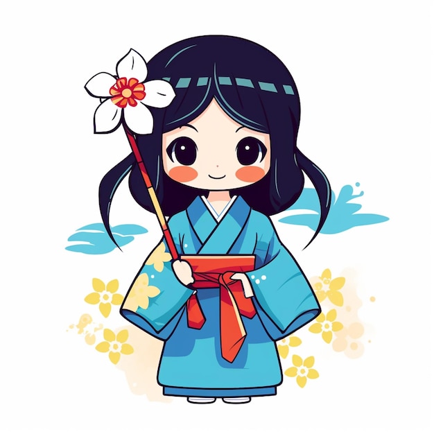 ragazza dei cartoni animati in kimono che tiene un fiore e un bastone generativo ai