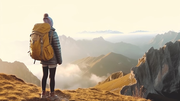 Ragazza dei pantaloni a vita bassa con lo zaino che gode del tramonto sulla cima della montagna nebbiosa