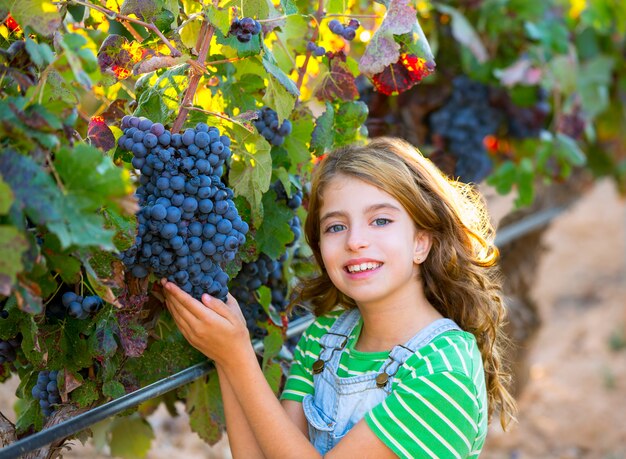 Ragazza del bambino dell&#39;agricoltore in foglie di autunno del raccolto della vigna nel Mediterraneo