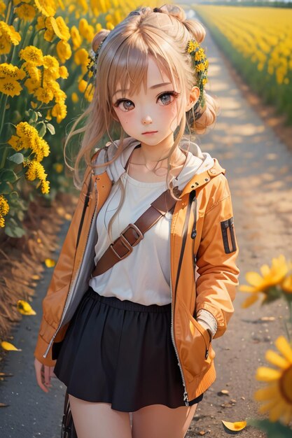 Ragazza del fumetto che cammina e scatta foto in stile anime del percorso del campo di girasole del crisantemo giallo