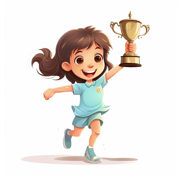 Ragazza del fumetto che corre con un trofeo in mano generativa ai