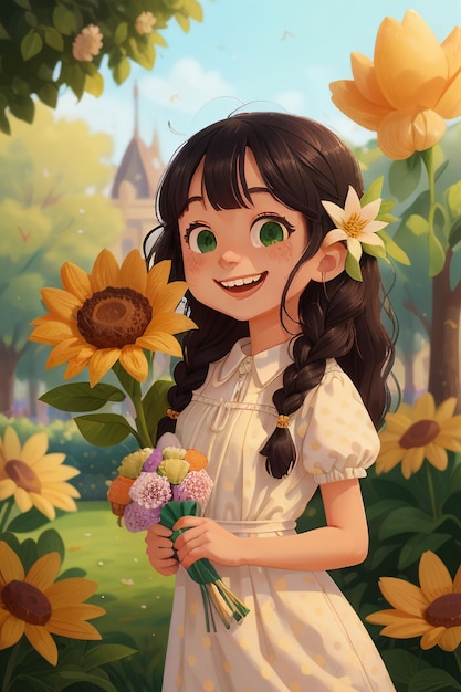 Ragazza del fumetto che tiene i fiori Anime stile bel sorriso sfondo illustrazione