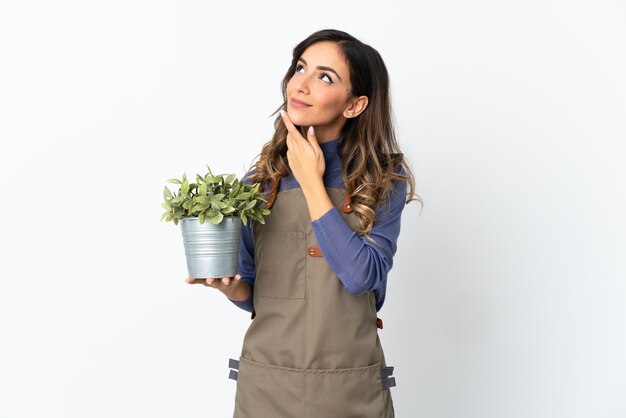 Ragazza del giardiniere che tiene una pianta isolata sullo spazio bianco che osserva in su mentre sorride