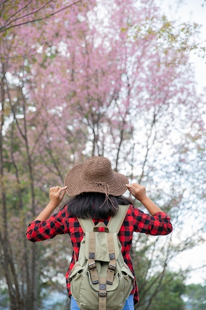 ragazza del viaggiatore con il cappello della tenuta dello zaino e guardare gli alberi di Sakura