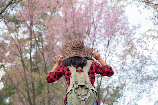 ragazza del viaggiatore con il cappello della tenuta dello zaino e guardare gli alberi di Sakura