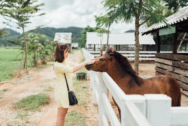 Ragazza dell&#39;Asia che gioca con il cavallino allo zoo