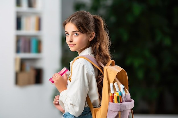 Ragazza della scuola con zaino e libro di testo che ti guarda da dietro su sfondo bianco