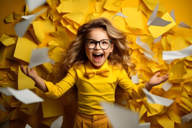 Ragazza della scuola del bambino che attraversa il concetto ai della parete di carta gialla