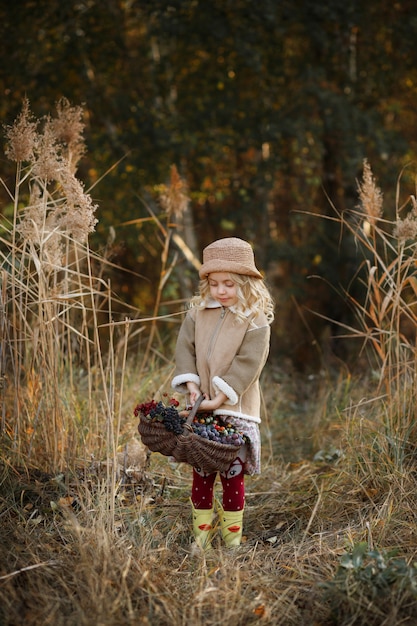 Ragazza di 5 anni con un cesto di frutti di bosco nel bosco in autunno