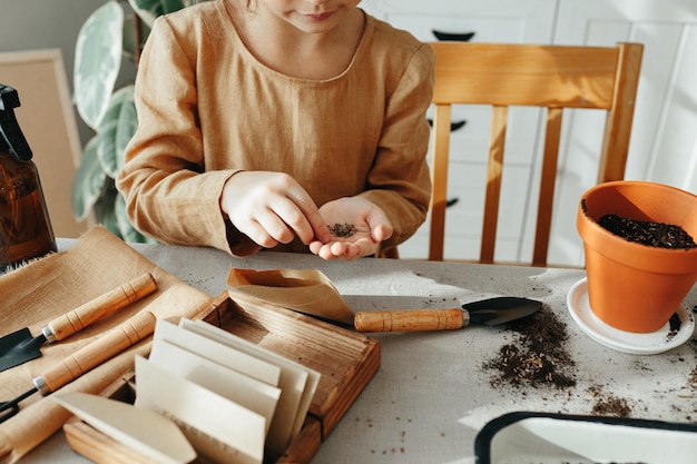 Ragazza di 6 anni che pianta erbe a casa