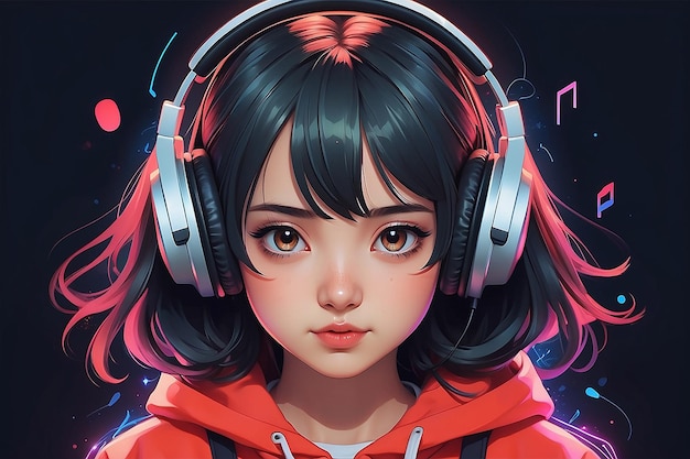 Ragazza di anime ascolta musica con le cuffie ritratto di adolescente illustrazione AI generativa