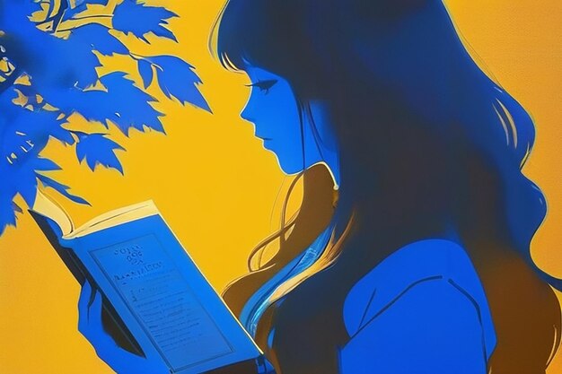 Ragazza di anime che legge un libro seduta sulla sedia dei libri