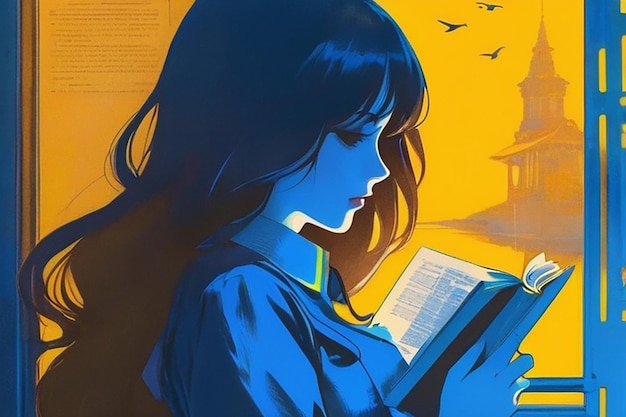 Ragazza di anime che legge un libro seduta sulla sedia dei libri