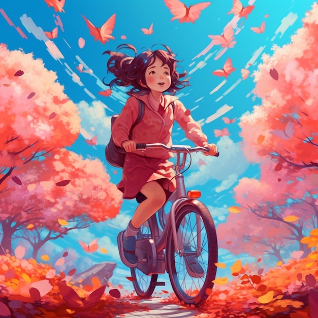 Ragazza di anime che va in bicicletta in autunno con uno zaino generativo ai