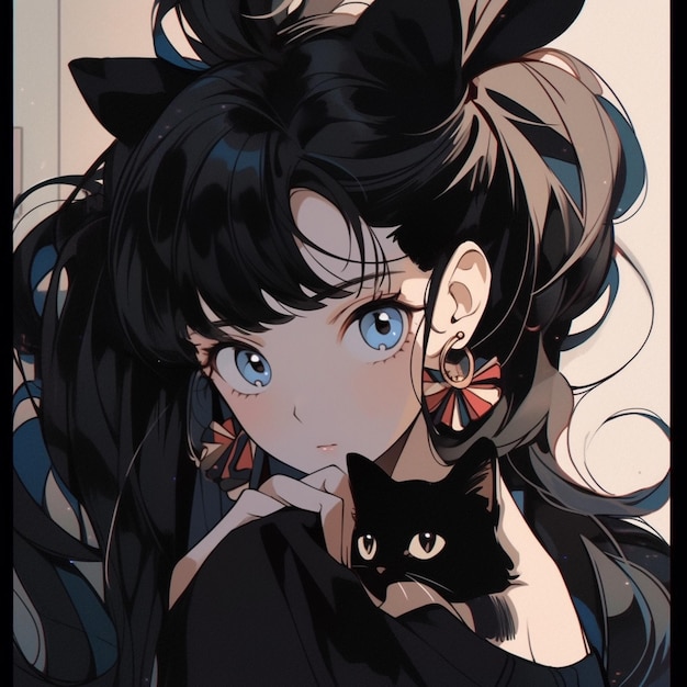 Ragazza di anime con i capelli neri e gli occhi blu che tiene un gatto nero