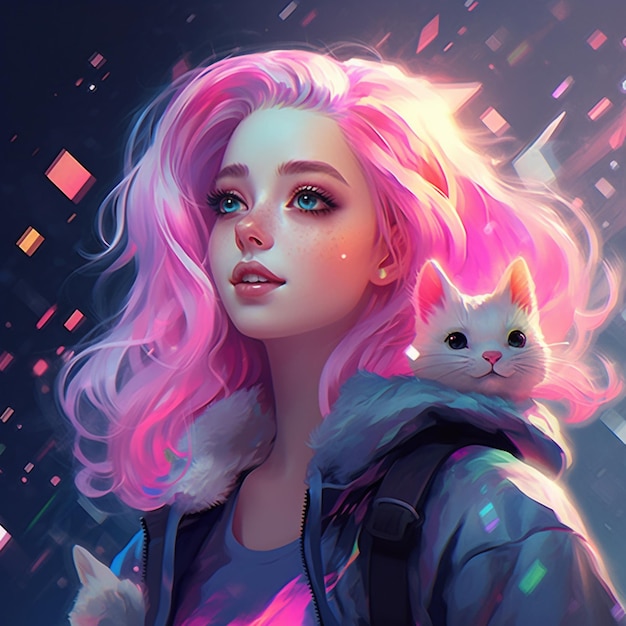 Ragazza di anime con i capelli rosa e un gatto sulla spalla